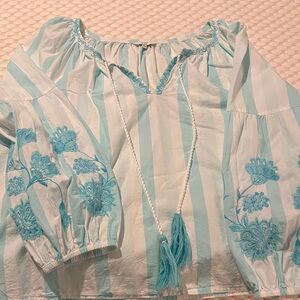 Crown & Ivy Aqua Striped Embroidered Blouse